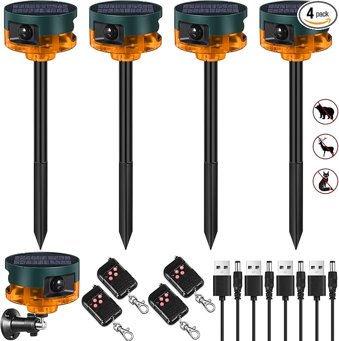 Qualirey 4 Pack Solar Outdoor Motion Sensor Alarm-Dog Barking&Gunshot Sound Support Recording Animal Deterrent for Home Security, 13 Kinds of Sounds (Yellow)