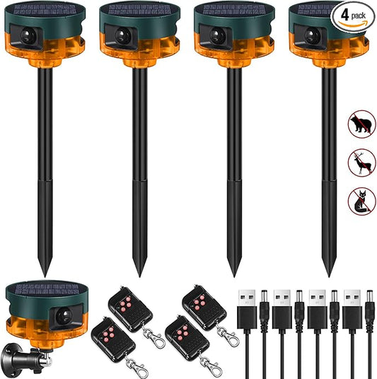 Qualirey 4 Pack Solar Outdoor Motion Sensor Alarm-Dog Barking&Gunshot Sound Support Recording Animal Deterrent for Home Security, 13 Kinds of Sounds (Yellow)