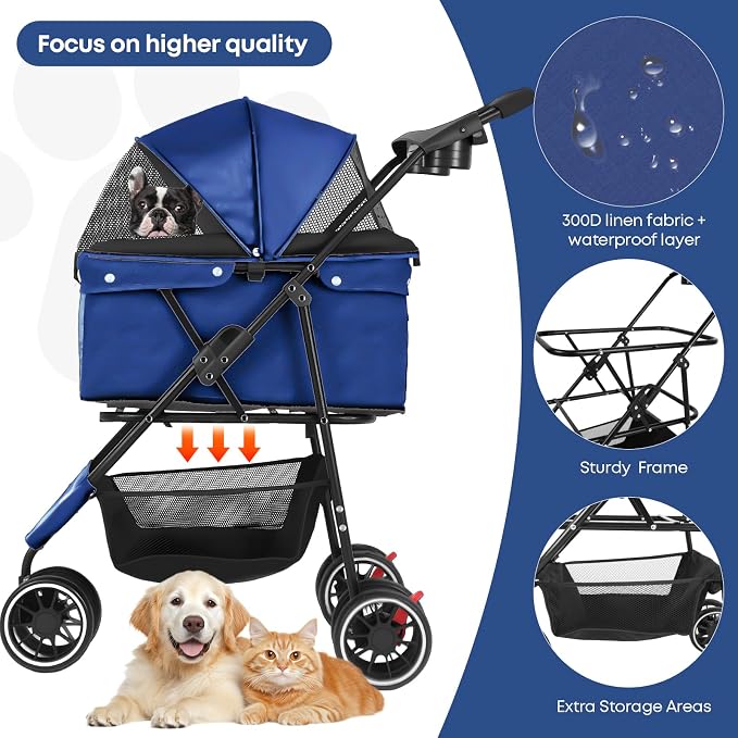 Pet Stroller,Dog Stroller for Small Medium Dogs Cats,3 Wheels,Navy Blue | Foldable,with Breathable Mesh Canopy,Cup Holders,Easy Assembly