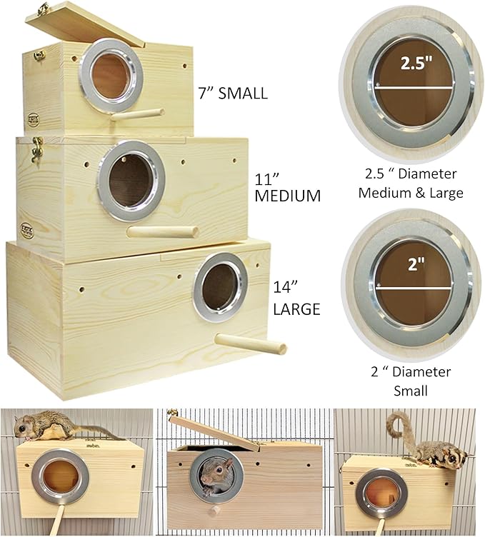 Sturdy Nest Box - Cage Attachment, Hinged Lid, Perching Ledge - for Sugar Glider, Squirrel, Rat, Finch, Parakeet, Lovebird, Parrotlet, Lovebird, Canary, Cockatiel, Other Birds & Small Pets (Large)
