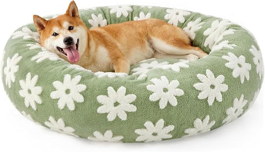 JOEJOY Jacquard Donut Round Dog Beds Medium Sized Dog,Green 30x30x8in, Removable Washable Cover, Cute Pattern, Ultra Soft Fluffy Calming Pet Bed with Thick Supportive Bolster