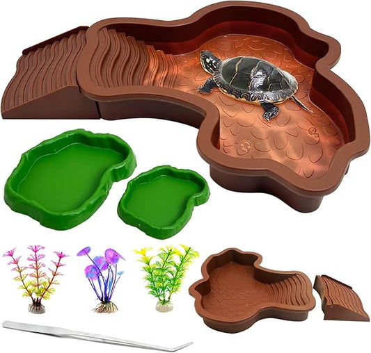 7 Pcs Reptile Bathing Pool 2-in-1 Tortoise Water Dish with Ramp Large Turtle Feeding Bowl with Steps Gecko Habitat Decoration Accessories Lizard Bath Tub