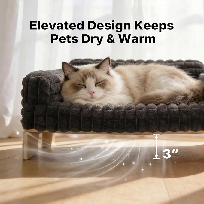 Veehoo Elevated Cat Bed Indoor, Wood Furniture Style Cat Couch Sofa | Indoor cats couch bed, removable washable cover, easy assembly, cozy fluffy cushion