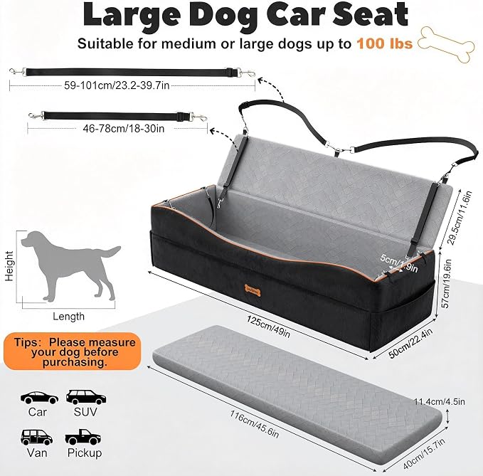 Car Seat for Large Dog for 2 Medium or 3 Small Dogs Under 100Lbs | Dog Booster Seats ,Pet Car Seats with 2 Safety Leashes, Dogs Sofa Bed Cushion Add Thick Sponge, Pet Cars Carrier for Travel