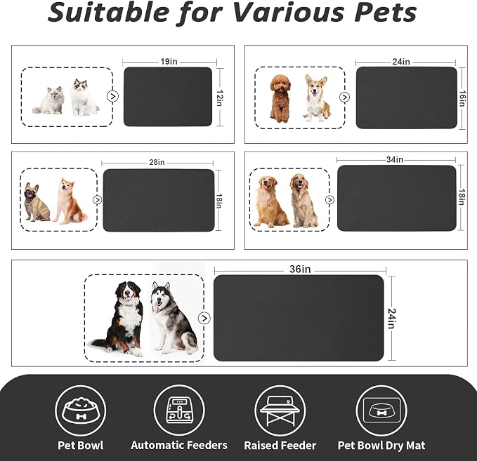HotLive Dog Food Mat - Absorbent Cat Mat for Food and Water, No Stains Pet Feeding Bowl Mat, Easy to Clean Pet Placemats, Quick Dry Dog Water Dispenser Mat for Messy Drinkers | Black 24"x 36"