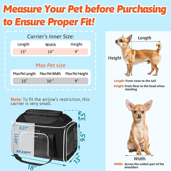 Top-Expandable Small Pet Carrier with Wheels Airline Approved | 18"x13"x9.5", for Southwest Airlines, Lockable Safety Zippers and Anti-Scratch Mesh, Pets Under 10 Lbs, Black