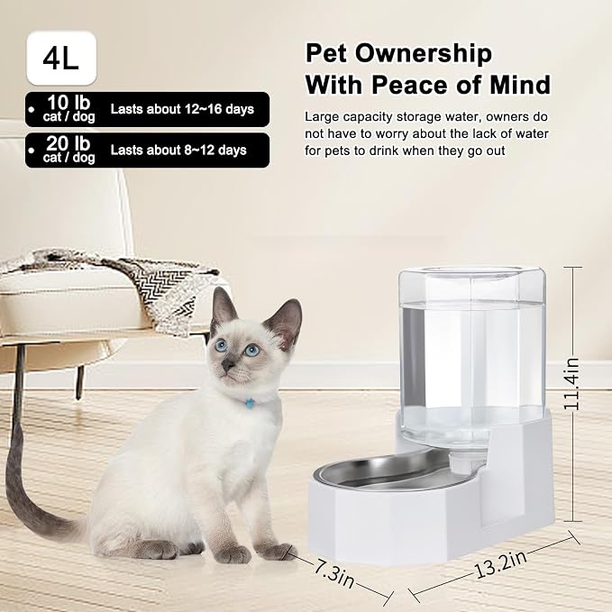 Sfozstra 4L Stainless Steel Gravity Water Dispenser:Cat Bowl | Stainless Steel, for Dogs & Cats, Bedroom Kitchen Corner Crate Area, No Electricity Required, Easy to clean