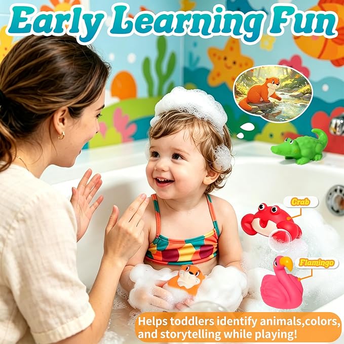 Mold Free Bath Toys for Kids Ages 1-3,6Pcs No Hole River Baby Bath Toys Design Keeps Moisture Out, Toddler Learn Crab Ducks Animal with Soft Squeeze Bathtub Toys,Pool Toy