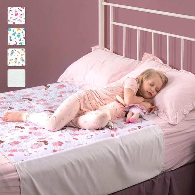IMPROVIA® Pee Pads for Kids - Bed wetting Pads for Kids Potty Training Bed mats for Toddlers Waterproof Reuseable Washable Absorbent, Non Slip - Doll Design - Full Size 34"x52"