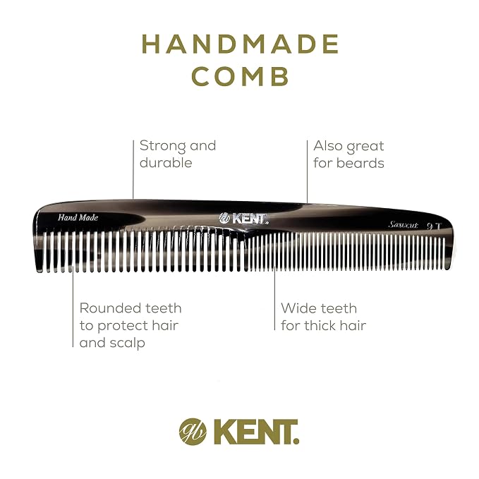 Kent 9T Black Graphite Fine Tooth and Wide Tooth Detangler Hair Combs - Large Handmade and Saw-Cut Dressing Comb - Wet Hair Comb for Women and Durable Grooming Comb for Men Made in England