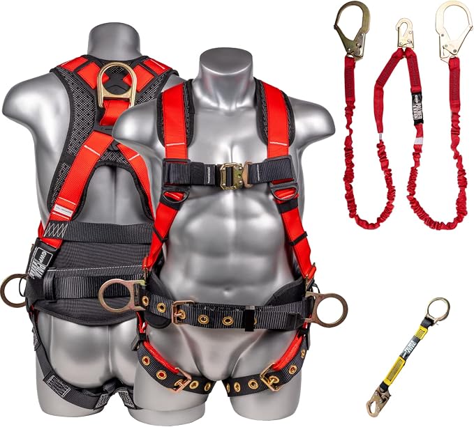 Fall Protection Hammerhead Kit I 5pt Safety Harness, 6' Double Leg Lanyard, 18" D-Ring Extender (Red - XLG)