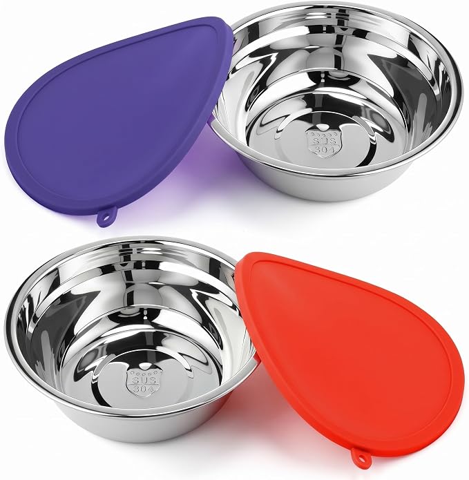 Patelai 4 Pcs Stainless Steel Dog Bowls 7.9" with Silicone Lids Portable Food and Water Dishes for Pets Sealable Containers for Small Medium Dog Cat Indoor (Red,Purple)