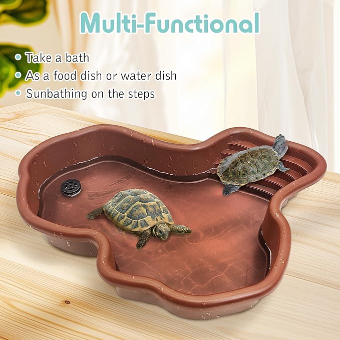 kathson Large Turtle Pool with Ramp and Hose, Tortoise Water Bowl Reptile Bathing Tub Amphibians Feeding Accessories for Bearded Dragon Lizard Frog Snake Gecko Scorpion Habitat (Brown)
