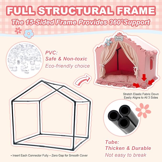 Indoor Dog House with Frame,Cute Dog Tent Bed with Cover Cave,Pink | Breathable,Washable,and Foldable House, Suitable for 22-40 Lb, Large (25"×25"×25"),Inside Dog House