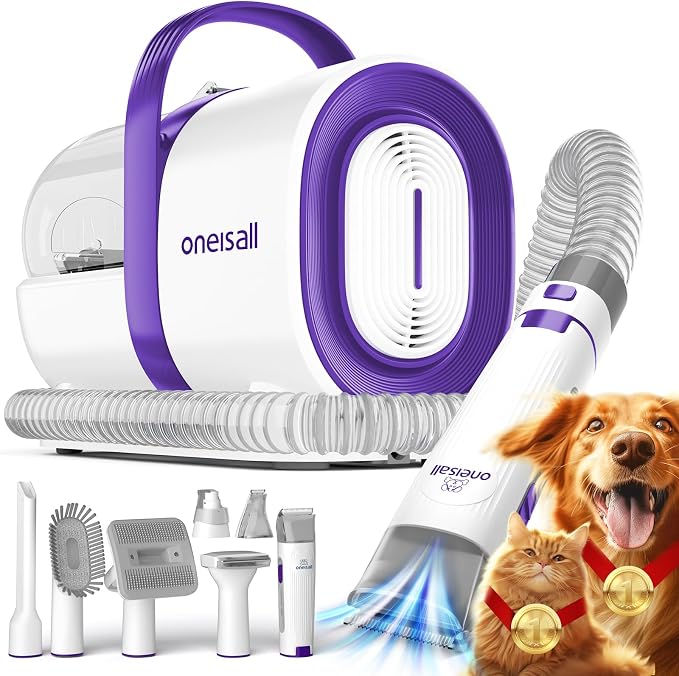oneisall Dog Grooming Vacuum with Clipper & Nail Grinder&Trimmer | 7 Pet Grooming Tools, Deshedding Brush, Removes Shedding Hair, Pet Home Cleaning,1.5L Dust Cup, Purple Available