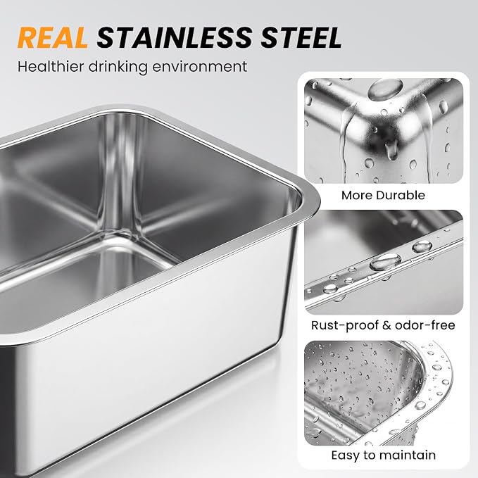 18L (4.7Gal) Extra Large (17.9x14x14.7) Elevated Dog Water Bowl, Height Adjustable Raised Stand for Large & XL Dogs, Stainless Steel No-Spill Bowl with Replaceable Filter for Multi Dog, No Pump