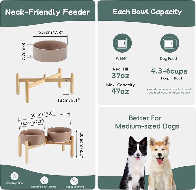 Havniva Elevated Dog Bowls Ceramic Dog Bowls with Stand, Dog Food Bowl | 7.3” Raised Dog Bowls with Non-Slip Wood Stand, Dog Food and Water Bowl Set, Double Dog Feeding Bowls for Medium Dogs