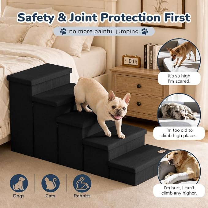 5-Step Wide Dog Stairs with Storage 23" H, Non-Slip Sturdy Pet Steps for High Bed Couch Window, Pet Stairs for Small/Medium/Large Old Dogs Cats Up to 260lbs, Cat Dog Steps for Car/SUV, Black
