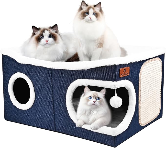 Extra Large Cat Beds for Indoor Cats, Covered Cat Cave Beds & Furniture with Scratch Pad and Fluffy Ball, Foldable Cat Condo Hideaway with Reversible Cushion for Multi Small Pet Large Kittens, Blue
