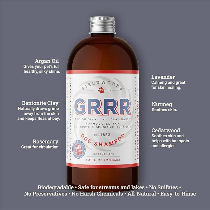 GRRR All-Natural Dog Shampoo – Gentle for Sensitive Skin. with Bentonite Clay, Argan Oil, Aloe & Shea Butter. Lavender Scent, Hypoallergenic, Biodegradable, 12oz