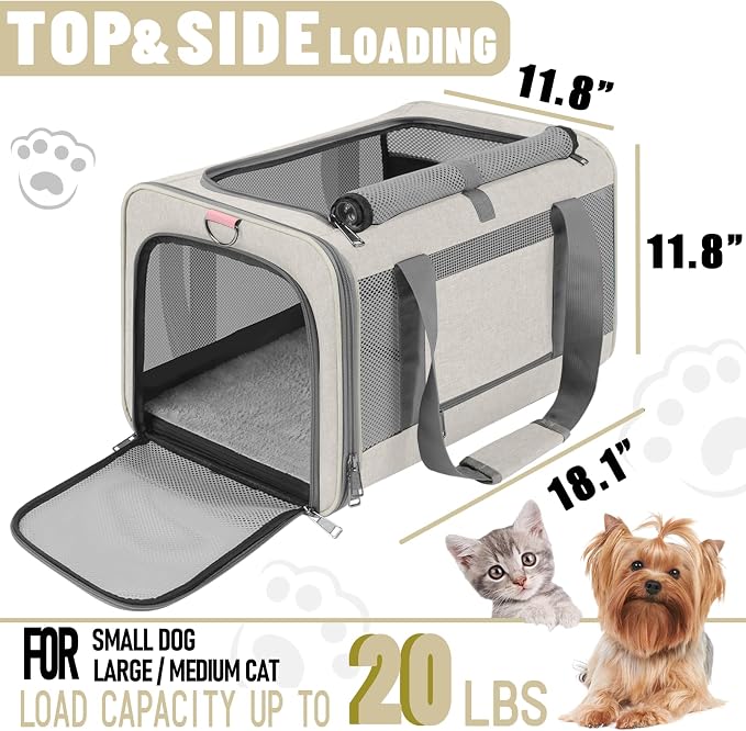 GAPZER Large Cat Carrier Soft, Collapsible Travel Pet Carry Bag, Small Dogs | Big Kitten Cat 20lbs Mainecoon, Top Open Travel Shih-Tzu Pet Kennel, Yorkie Small Dog 10 Pound, 18x12x12, Durable Cloth Beige