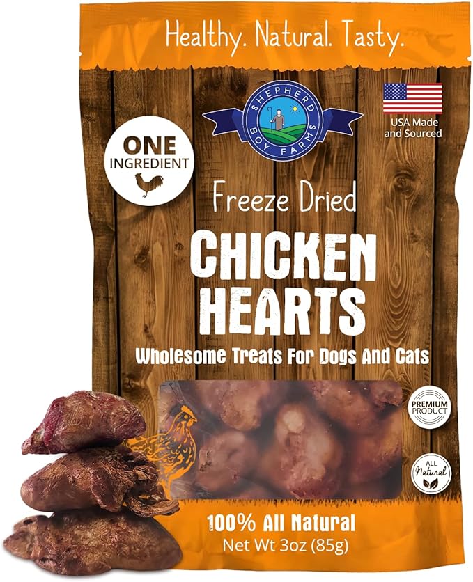Shepherd Boy Farms Freeze Dried Chicken Hearts for Dogs & Cats – 100% Natural, Single-Ingredient Dog Treats & Cat Treats, High-Protein Organ Meat, Grain Free, Made in USA, 3oz