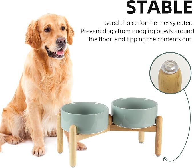 Havniva Elevated Dog Bowls Ceramic Dog Bowls with Stand, Dog Food Bowl | 7.3” Raised Dog Bowls with Non-Slip Wood Stand, Dog Food and Water Bowl Set, Double Dog Feeding Bowls for Medium Dogs