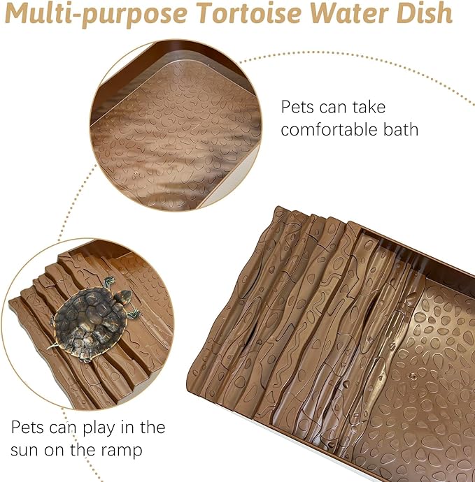 PINVNBY Reptile Bathing Pool Plastic Tortoise Food Dish with Ramp Leaf Reptile Food Dish & Water Bowl Tortoise Habitat Accessories for Frog Lizard Box Turtle (Brown)