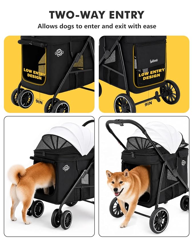 Dog Stroller for Medium Dogs, 4 Wheels Pet Stroller for 2 Small Dogs or 1 Medium Dogs, Cat Stroller Up to 80 lbs, Dual Entry Design, Foldable Design, Sun Shades, Breathable Mesh, Black