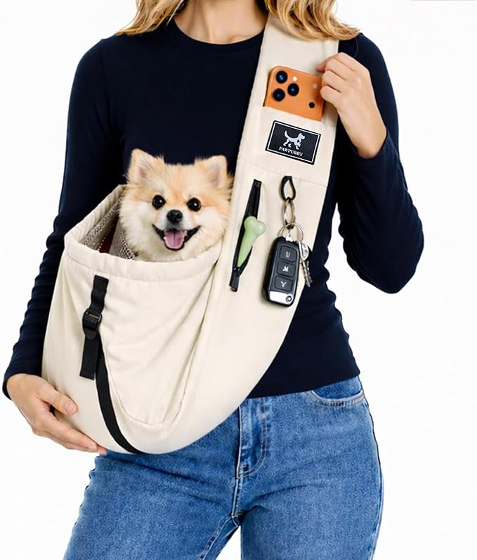Dog Sling Carrier for Small Dogs & Cats 5-20 lbs, Adjustable Depth | Breathable Air Mesh Puppy Sling, Water-Resistant Travel Bag, Double Safety Leash, Machine Washable, Hands-Free Pouch, Apricot