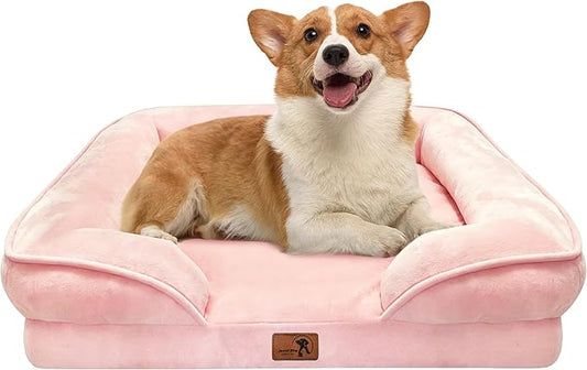 Spotted Play Orthopedic Dog Bed with Sides - Sofa Beds for Medium Dogs, Supportive Foam Pet Couch Bed with Washable Removable Cover, Waterproof Lining and Non-Slip Bottom, Pink - M