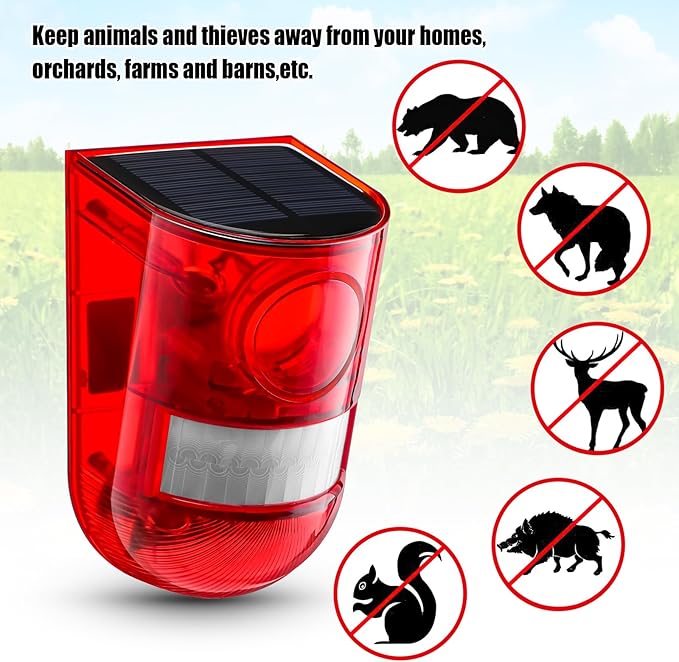 Qualirey 2 Pack Solar Sound and Light Alarm Motion Sensor 129db Outdoor Security Siren Waterproof Motion Activated Detector Alarm 6 LEDs Flash Warning Strobe System for Home, Farm (Red)
