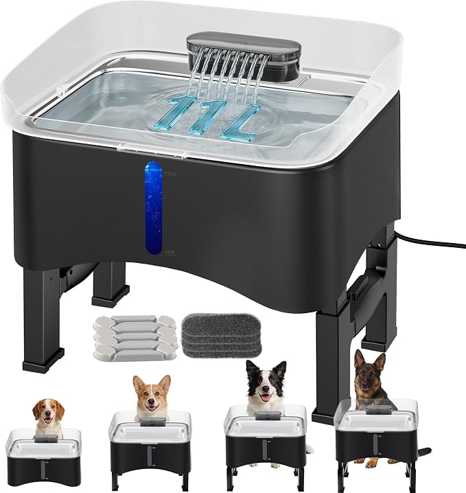 UPSKY 11L Elevated No-Spill Dog Water Fountain with 4 Adjustable Heights | Large Dog Water Dispenser, No-Splash, 304 Stainless Steel Tray, 5-Layer Filtration, for Large/Senior Dogs & Multi-pet Home