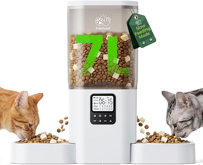 Frienhund Timed Automatic Cat Feeder 2 Cats with Slow Feed: Dual Automatic Dog Feeder with Information Visualization, Programmable Auto Cat Food Dispenser for Multiple Pets,Detachable for Clean-29 Cup
