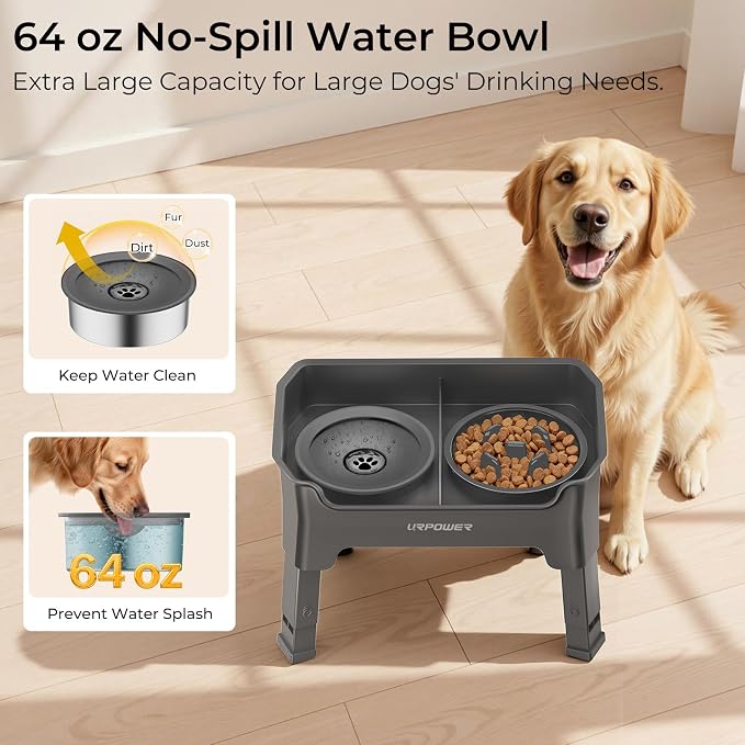 URPOWER Mess Proof Elevated Dog Bowls 4 Height Adjustable Raised Stand | No Spill Water Bowl, Slow Feeder Dog Bowls, Non-Slip Food and Water Bowl Set for Small, Medium & Large Dogs
