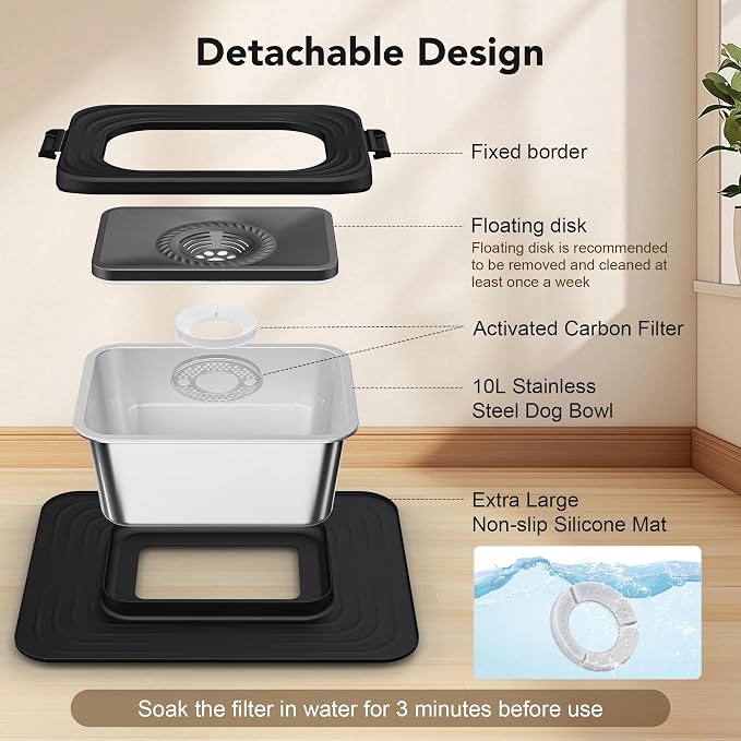 Decflow 10L Stainless Steel Dog Water Bowl, No Spill Anti-Splash Bowls | Slow Drinking for Messy Drinkers, XXl Anti-Skid Silicone Mat,Heavy Duty Pet Bowls for Indoor/Outdoor Use