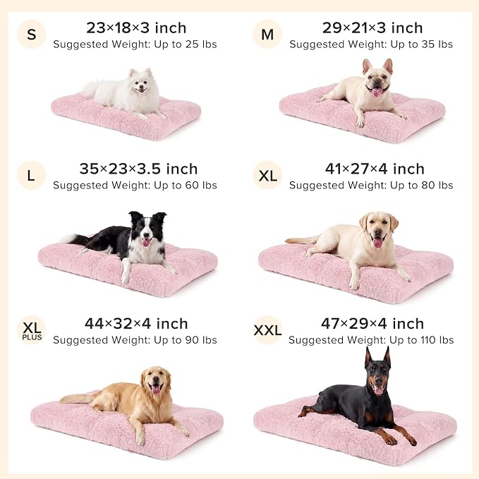JOEJOY Large Dog Bed Crate Pad, Deluxe Plush Washable Dog Beds Fulffy Soft Kennel Pad Anti-Slip Pet Sleeping Mat for Extra Large Medium Small Dogs, 47" x 29", Pink