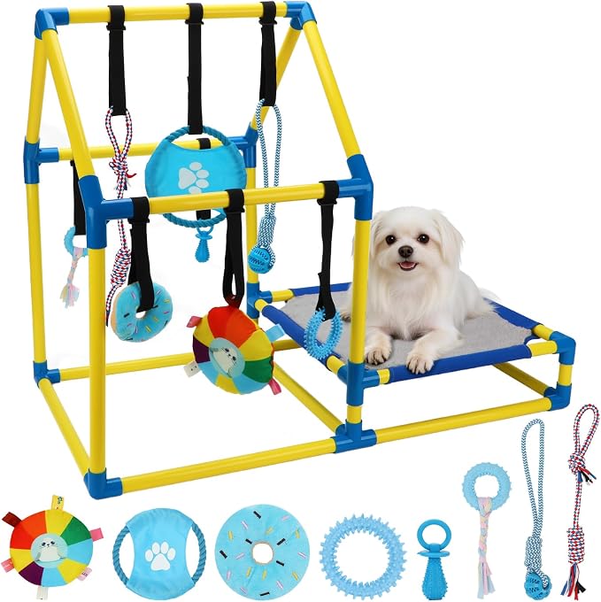 Puppy Play Gym Activity Center, Dog Indoor Jungle Gym with 8 Toys | 8 Hanging Enrichment Toys for Busy Play, Soft Mat for Rest, Non-Slip Feet, PVC Frame, Adjustable Straps, Cats and Small Pets