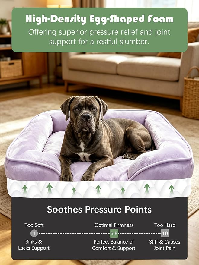 Spotted Play Orthopedic Dog Bed with Sides - Sofa Beds for Extra Large Dogs, Supportive Foam Pet Couch Bed with Washable Removable Cover, Waterproof Lining and Non-Slip Bottom, Purple - XXL