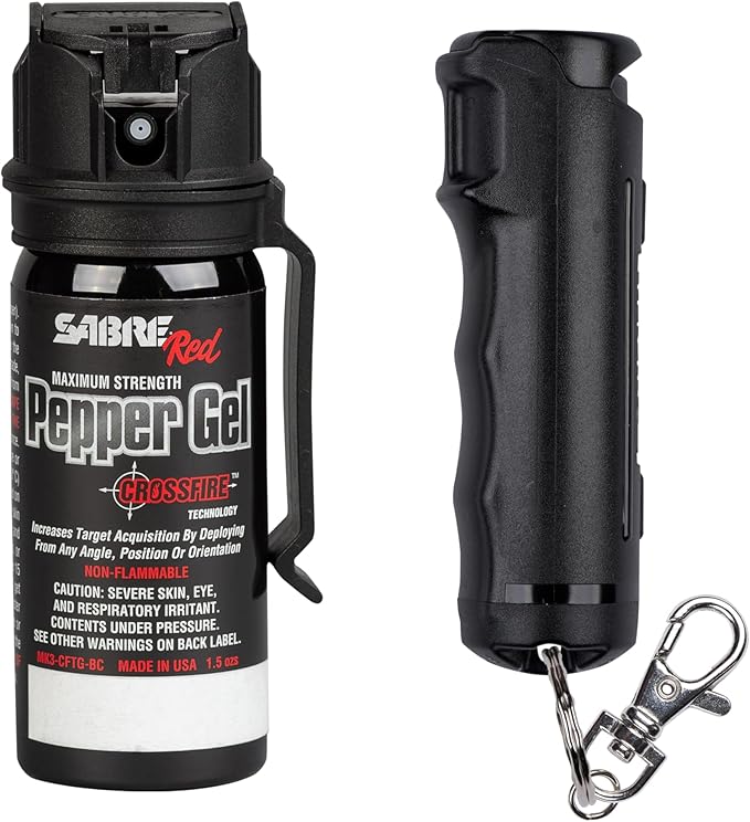 SABRE Crossfire Pepper Gel, Deploys At Any Angle, Maximizes Target Acquisition Against Multiple Threats, Belt Clip For Easy Carry, Fast Flip Top, Max Police Strength OC, Pepper Spray Option 1.5 fl oz