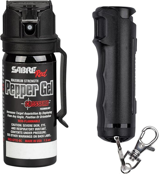 Gel poivre SABRE Crossfire, déploiement sous tous les angles, maximise l'acquisition de cible contre de multiples menaces, clip de ceinture pour un transport facile, couvercle rapide, OC puissance maximale, option spray au poivre 44 ml