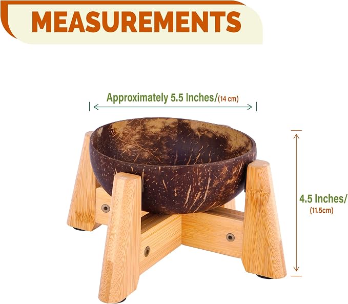 Dog Bowl with Holder for Small Dog | All-Natural Coconut Shell | Raised, Elevated, Eco-Friendly Coco Bowl with Wood Stand | Water-Proof, Water Wet & Dry Food Suitable - 20-oz