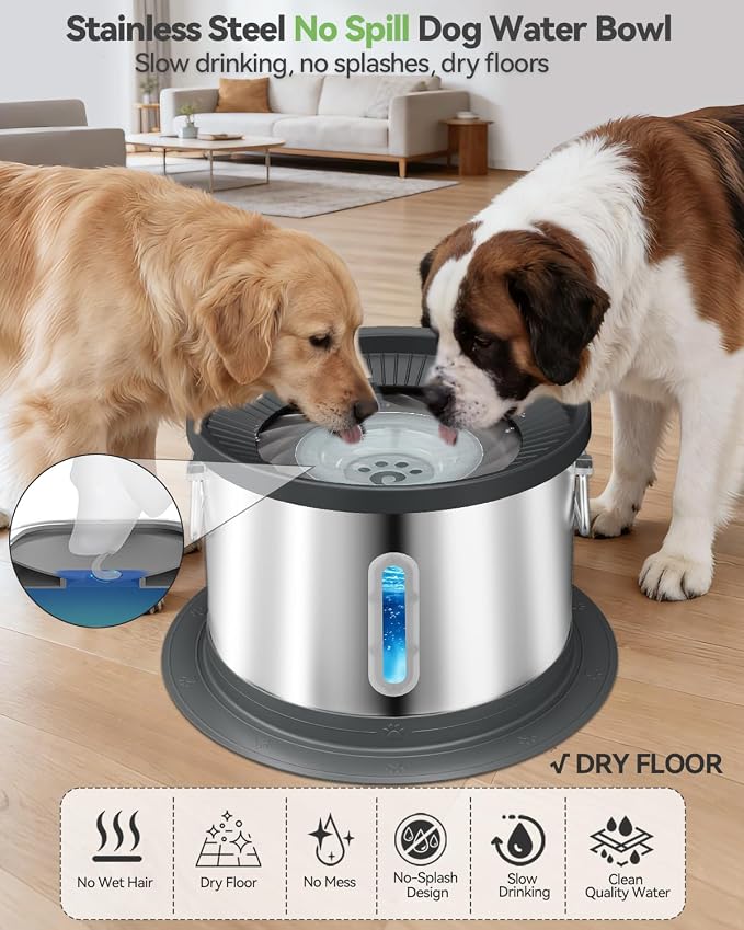 UPSKY 14L No Spill Dog Water Bowl, Spill Proof Slow Drinking for Large Dogs | Extra-large Capacity, 304 Stainless Steel, Dual-suction Anti-slip Base, Floating Disk, Water Window, For Messy Drinkers
