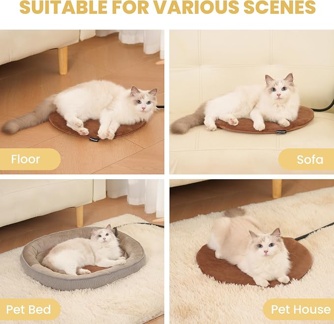 Pet Heating Pad for Cats Dogs Indoor & Sheltered Outdoor Waterproof Heated Cat Bed Heated Dog Bed Chew Resistant Cord Constant Temperature Brown Round 16 Inch