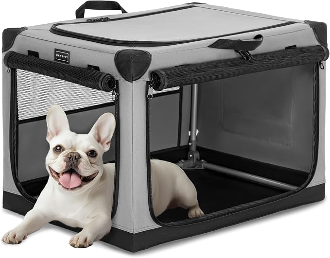 PETSFIT 26" Soft Portable Dog Crate – Patented Spiral Sturdy Frame, Collapsible Travel Kennel for Small Dogs, 3 Mesh Door, Lockable Zippers, Indoor & Car Use Gray
