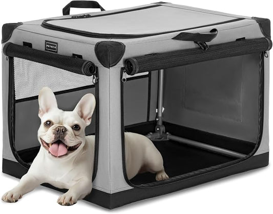 PETSFIT 26" Soft Portable Dog Crate – Patented Spiral Sturdy Frame, Collapsible Travel Kennel for Small Dogs, 3 Mesh Door, Lockable Zippers, Indoor & Car Use Gray