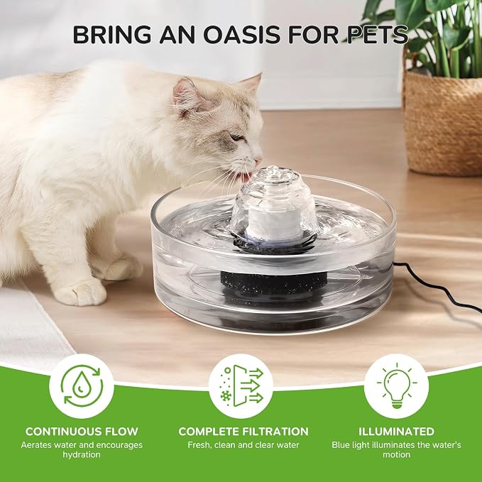 2.7L Glass Pet Fountain –Transparent Glass Cat Water Fountain & Little Dog Drinking Bowl– Automatic Cat Water Dispenser