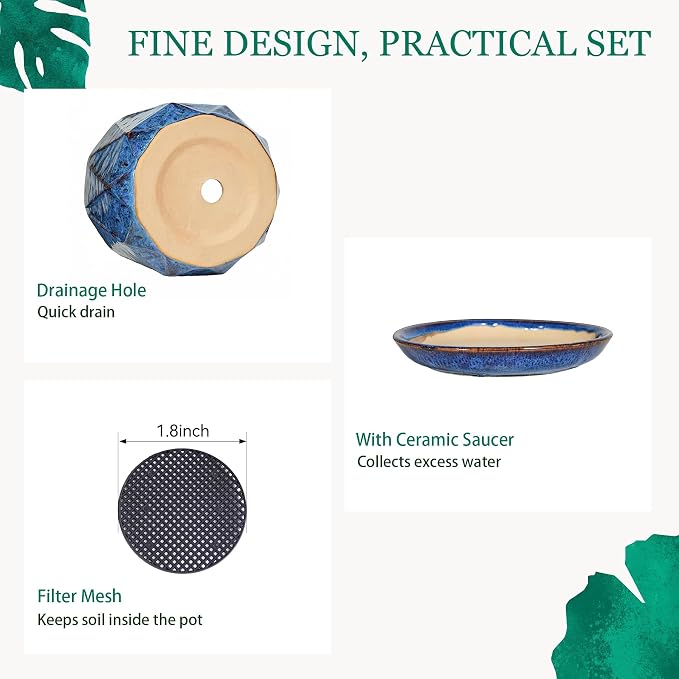 7.8 Inch Ceramic Plant Pot with Drainage Hole Mesh Net, Large Flower Pots for Indoor Plants with Saucer, Gardening Pots Outdoor, Blue