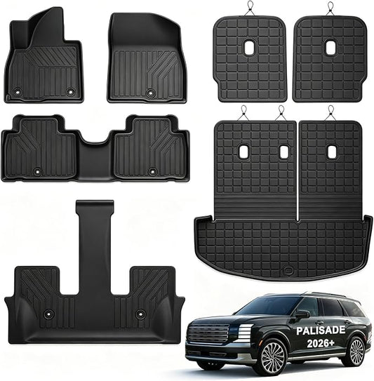 Floor Mats for 2026 Hyundai Palisade 7 Seats (Only Fit Gas) & Cargo Mat with Backrest Mat,TPE All Weather Protection Car Mats with 2nd & 3rd Row Covering The Backrest Full Set Accessories