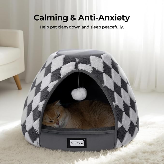 BALANCE Cat Beds for Indoor Cats, 2-in-1 Cat Bed Cave with Anti-Slip Bottom and Ultra-Soft Plush, Cozy Cats House Tent for Kittens and Small Dogs, 19 Inches, Dark Grey